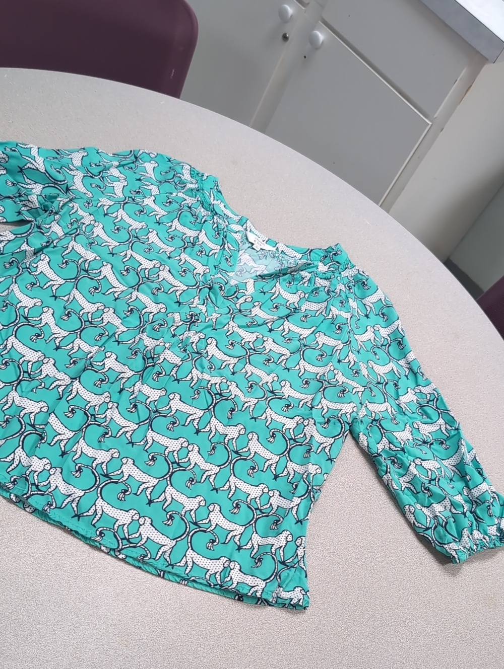 crown & ivy Teal Blouse with White Dog Print